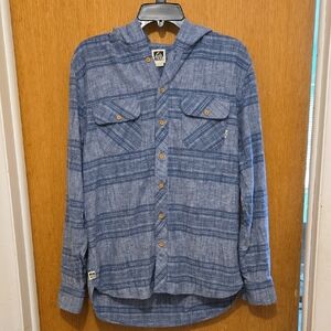 REEF Mens Medium Blue Plaid Hooded Shirt Cotton Linen pockets
